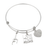 Expandable silver bangle bracelet with Live Love Gymnastics charm, gymnast silhouette charm, and heart charm