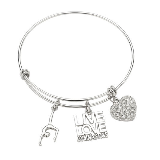 Expandable silver bangle bracelet with Live Love Gymnastics charm, gymnast silhouette charm, and heart charm