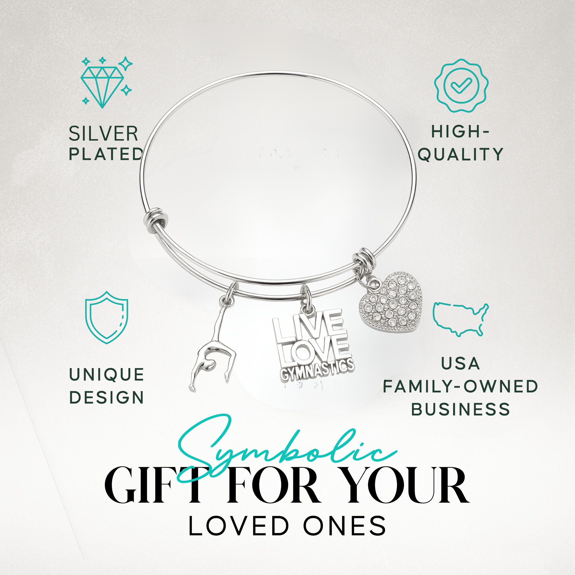 Live Love Gymnastics silver bangle bracelet shown with text highlighting perfect gift idea