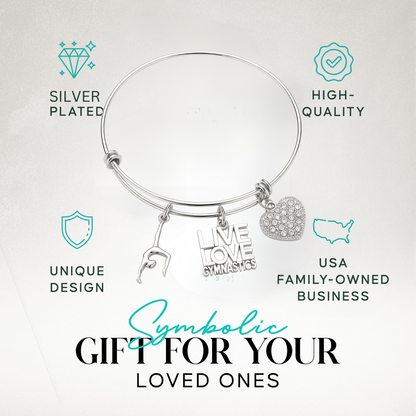 Live Love Gymnastics silver bangle bracelet shown with text highlighting perfect gift idea
