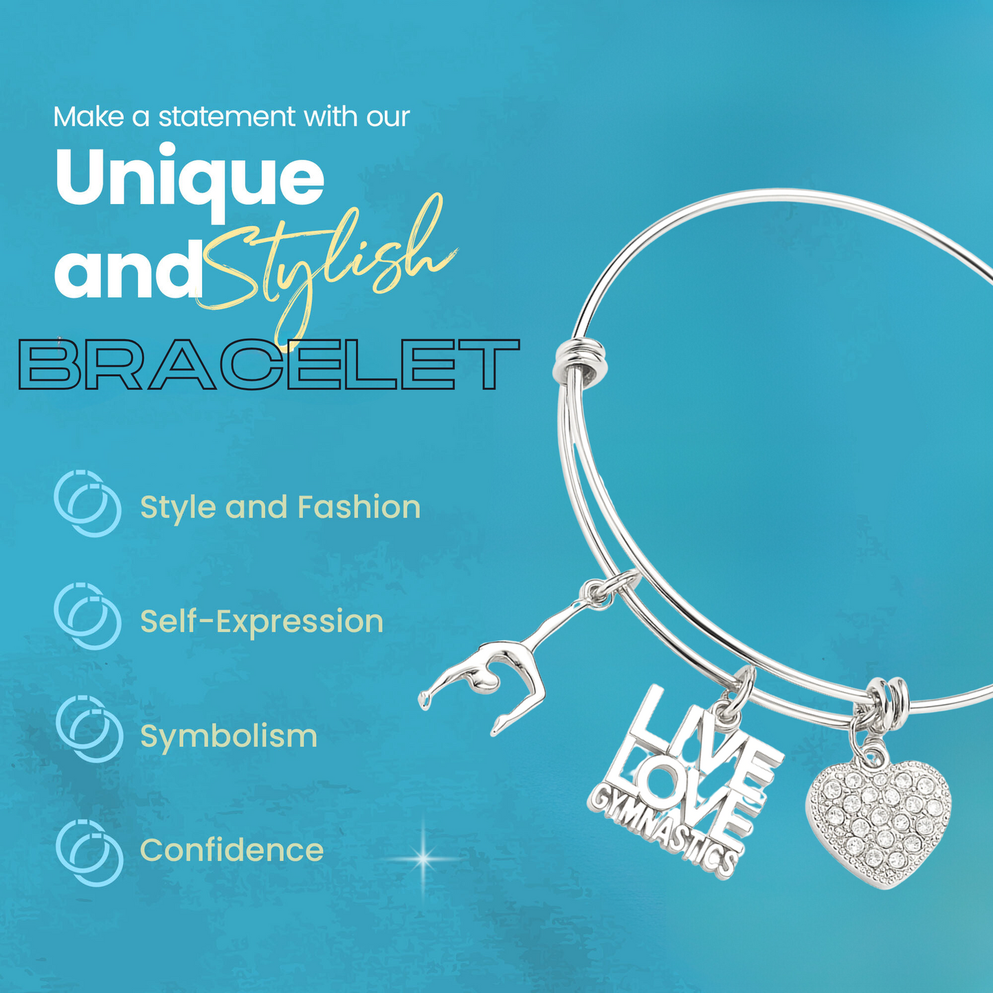 Gymnastics charm bracelet with icons for stylish, durable, and adjustable jewelry