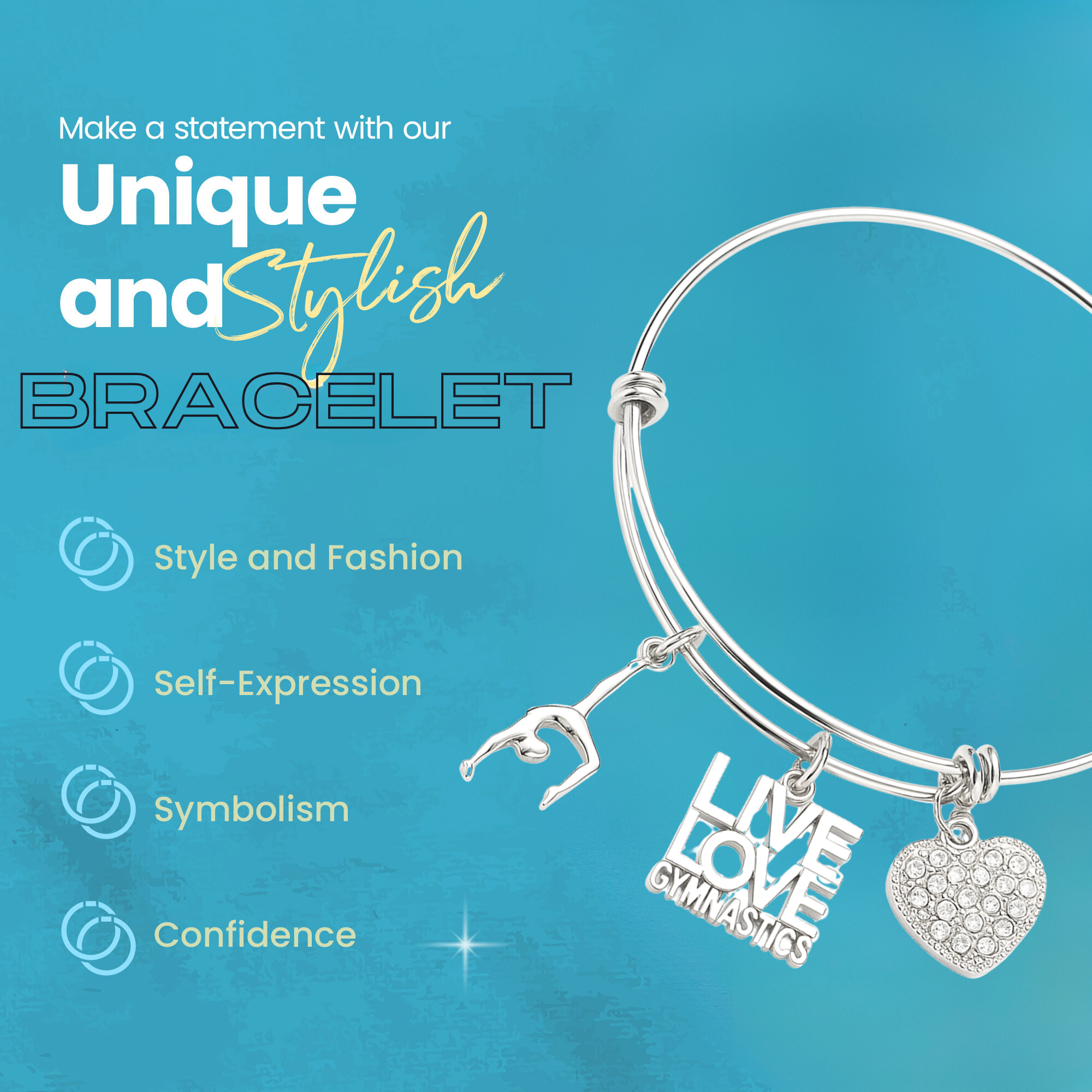 Gymnastics charm bracelet with icons for stylish, durable, and adjustable jewelry