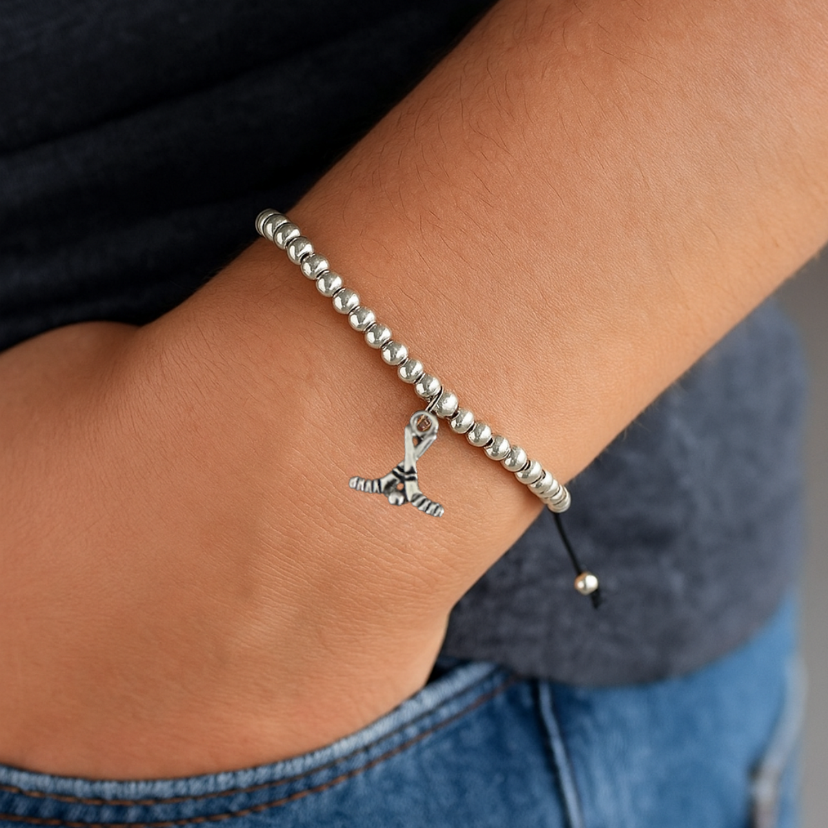 Ice Hockey Beaded Silver Hanging Charm Slider Bracelet