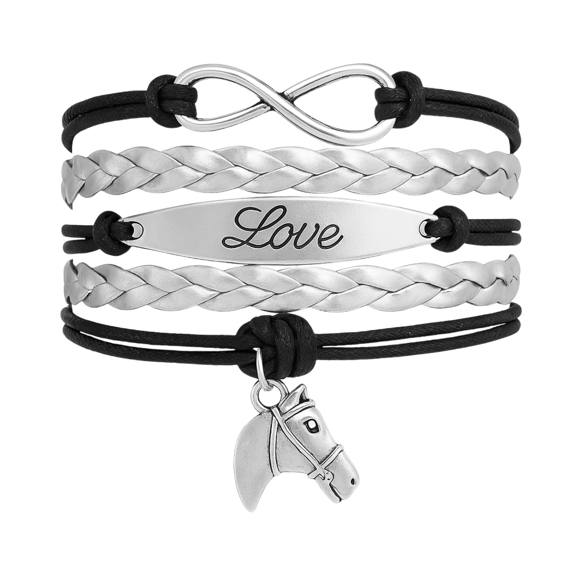 Black and silver faux leather infinity bracelet with Love plate and silver horse-themed charm