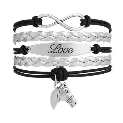 Black and silver faux leather infinity bracelet with Love plate and silver horse-themed charm