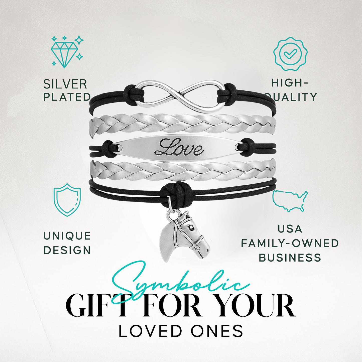 Horse Black Infinity Charm Bracelet - Pick Charm