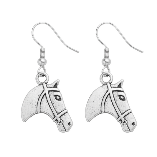 Silver-plated horse head charm dangle earrings with French hook for equestrians and horse lovers