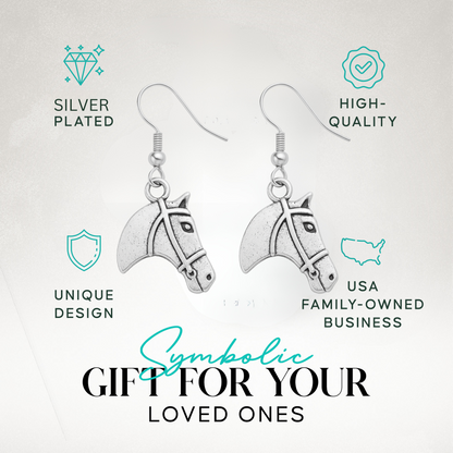 Silver horse head dangle earrings packaged on gift-ready display card for cowgirls and equestrians