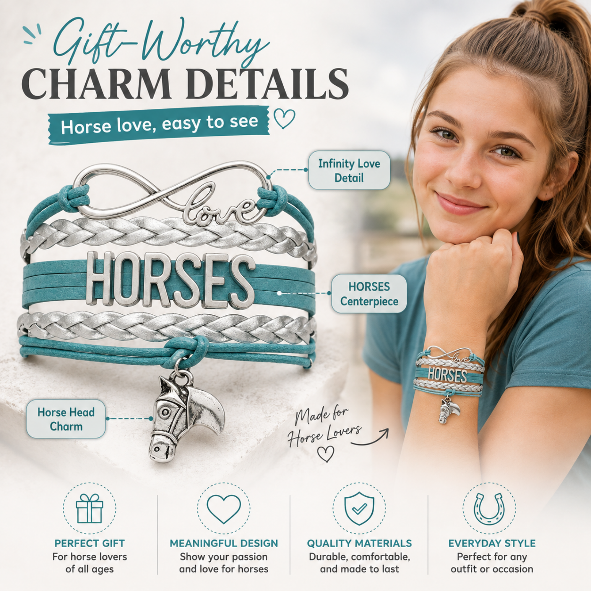 Horse Teal Infinity Bracelet - Pick Charm