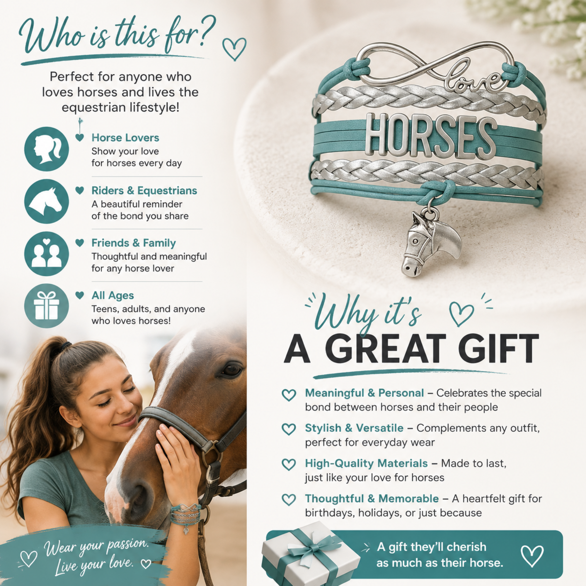 Horse Teal Infinity Bracelet - Pick Charm