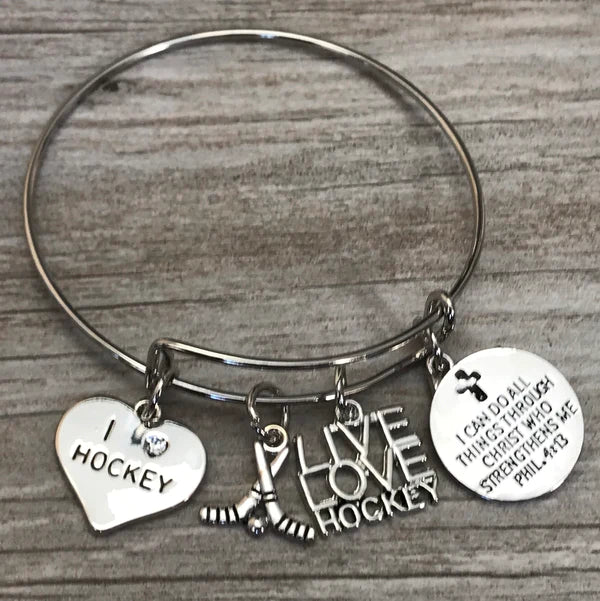 Ice Hockey Charm Bracelet, I Can Do All Things Through Christ Who Strengthens Me
