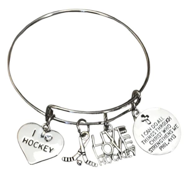 Ice Hockey Charm Bracelet, I Can Do All Things Through Christ Who Strengthens Me
