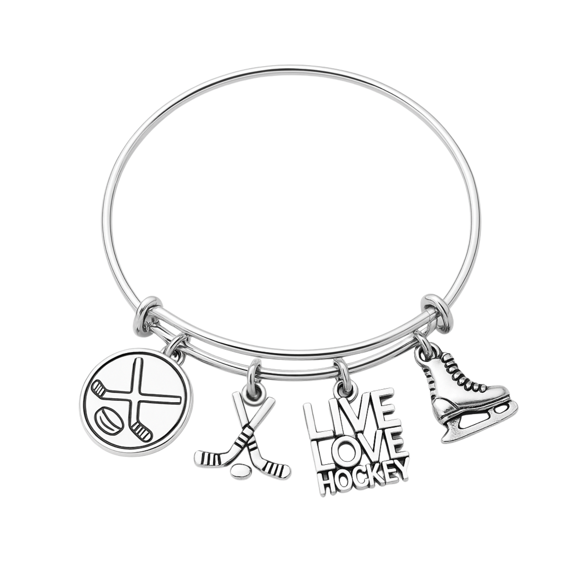 Silver-plated ice hockey charm bangle bracelet with stick, puck, and 'Live Love Hockey' charms