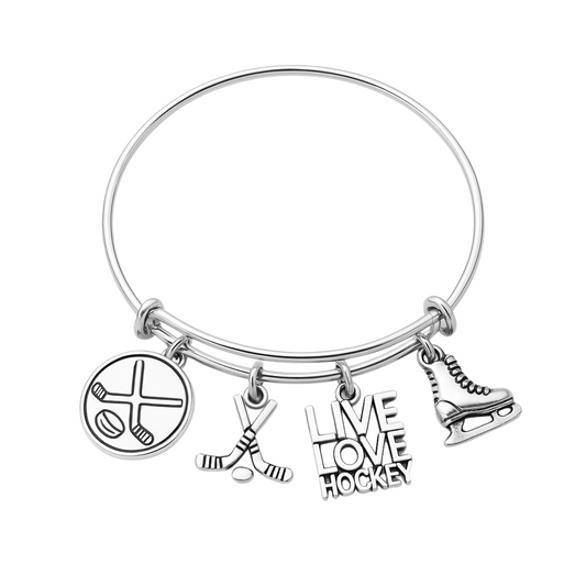 Silver-plated ice hockey charm bangle bracelet with stick, puck, and 'Live Love Hockey' charms