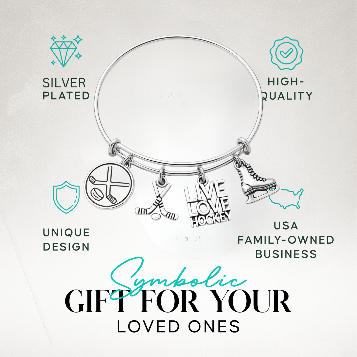 Ice hockey charm bangle bracelet with 'Live Love Hockey' charms in gift-ready packaging"