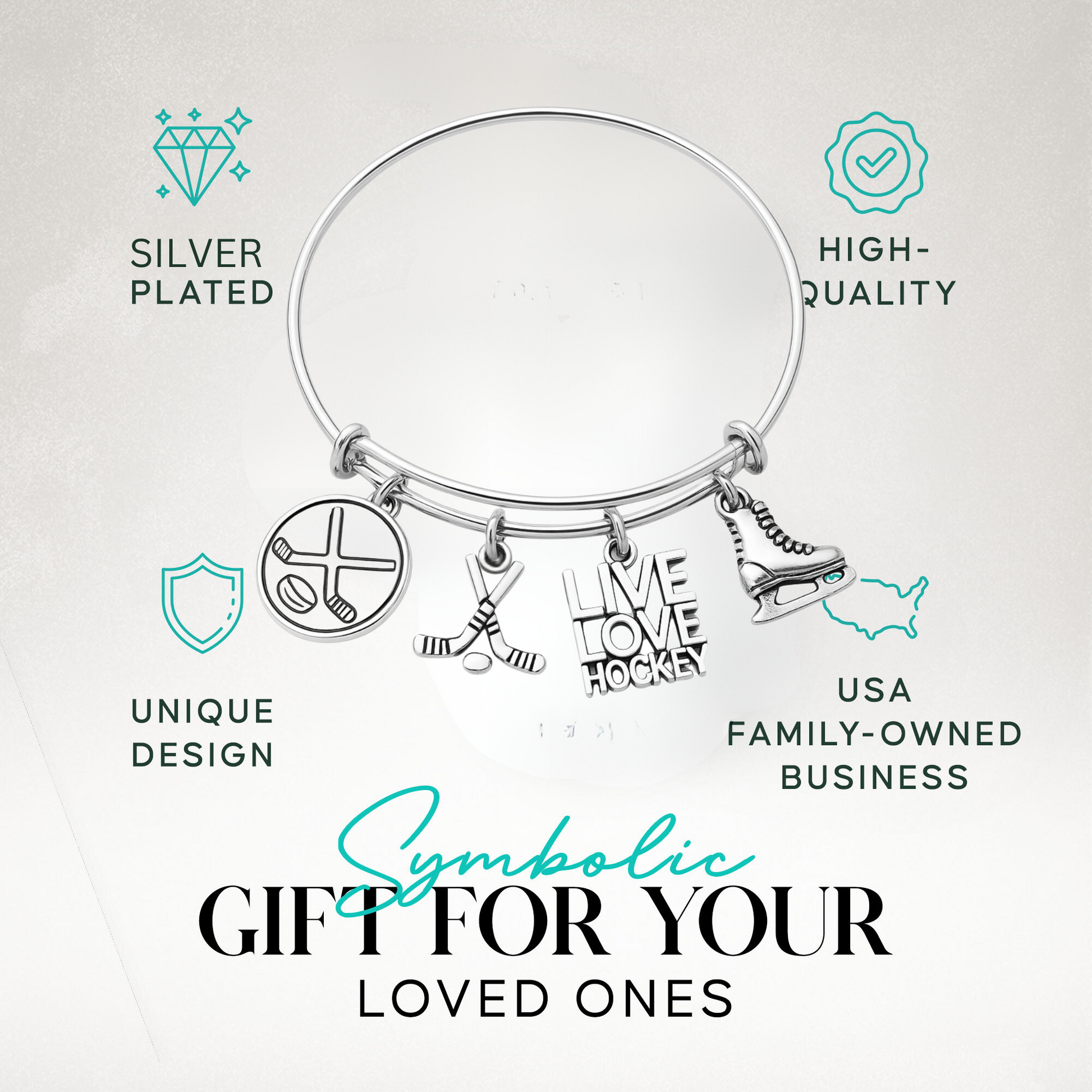 Ice hockey charm bangle bracelet with 'Live Love Hockey' charms in gift-ready packaging"