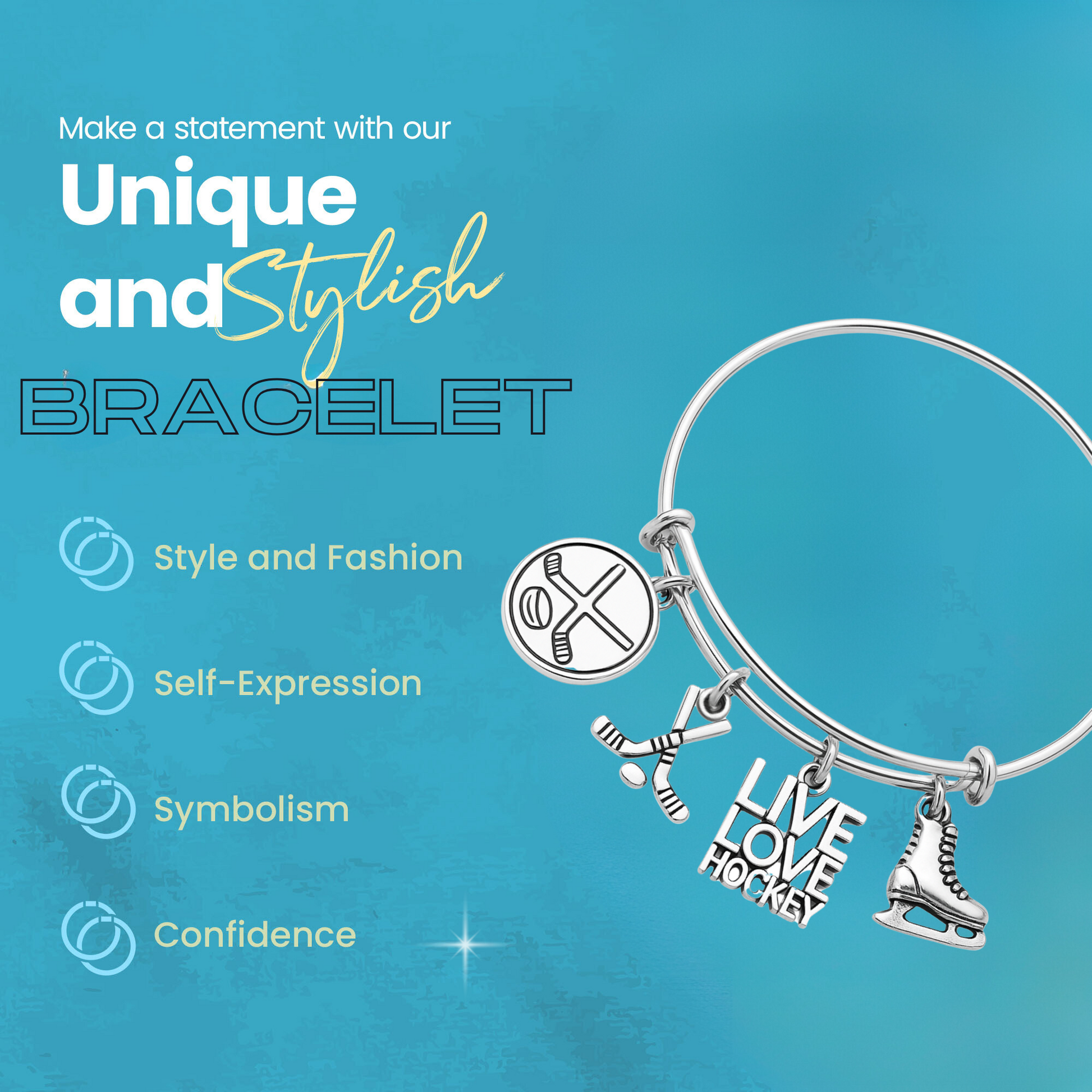 Ice hockey bangle bracelet with silver-plated sports charms and adjustable wire band