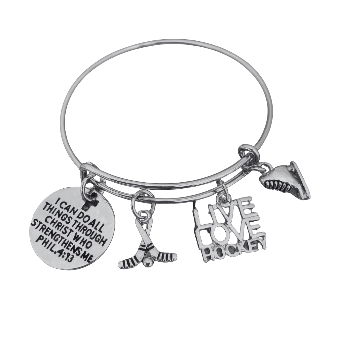 Ice Hockey Charm Bracelet, I Can Do All Things Through Christ Who Strengthens Me