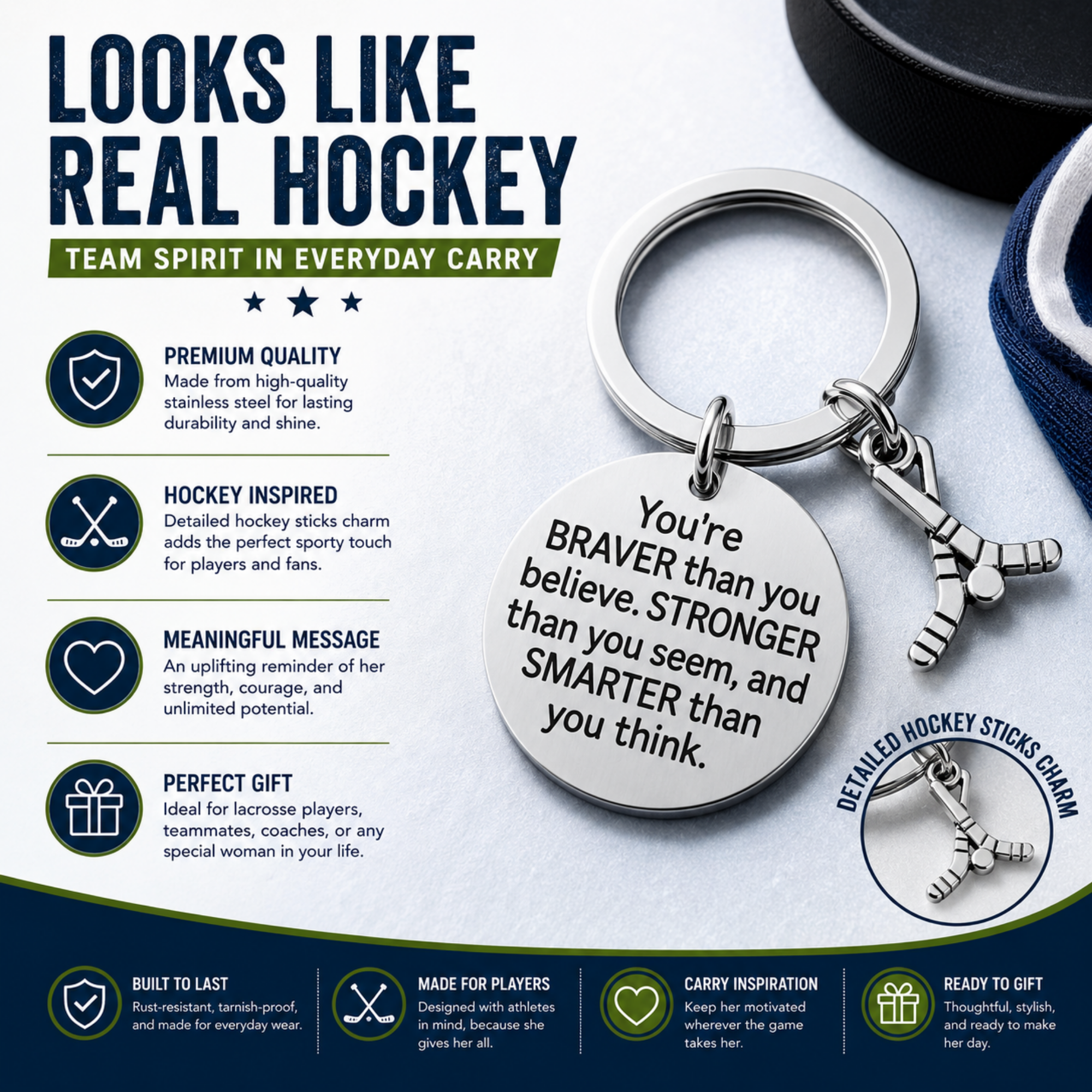 Ice Hockey Keychain with Inspirational Charms