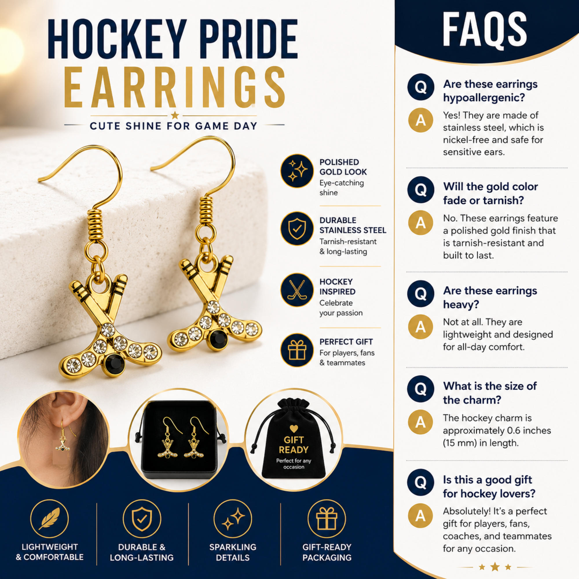 Ice Hockey Rhinestone Stick Earrings
