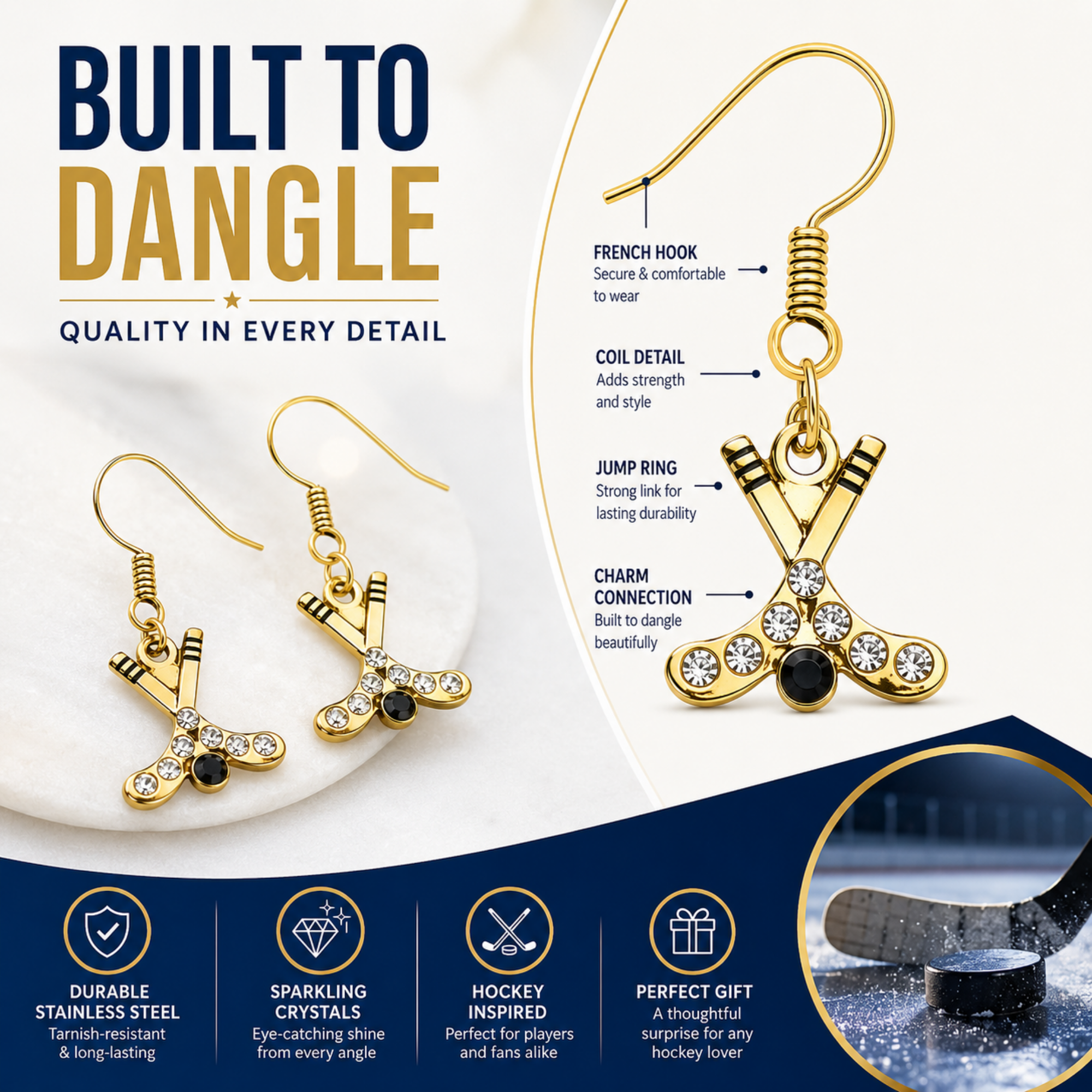 Ice Hockey Rhinestone Stick Earrings