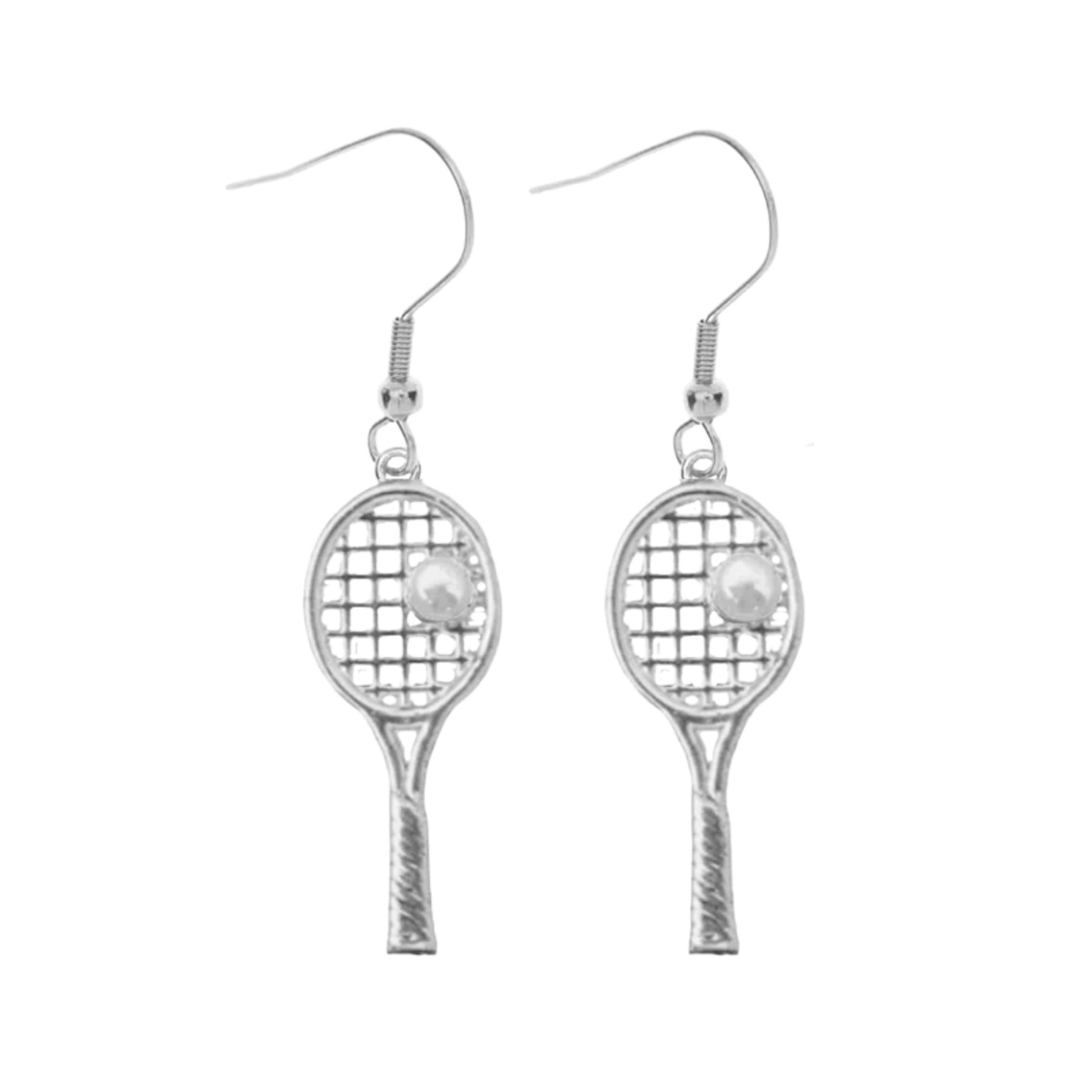Silver tennis racket pearl earrings with elegant sporty design