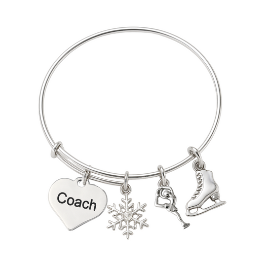 Silver plated figure skating coach bangle bracelet with heart, snowflake, and skater charms