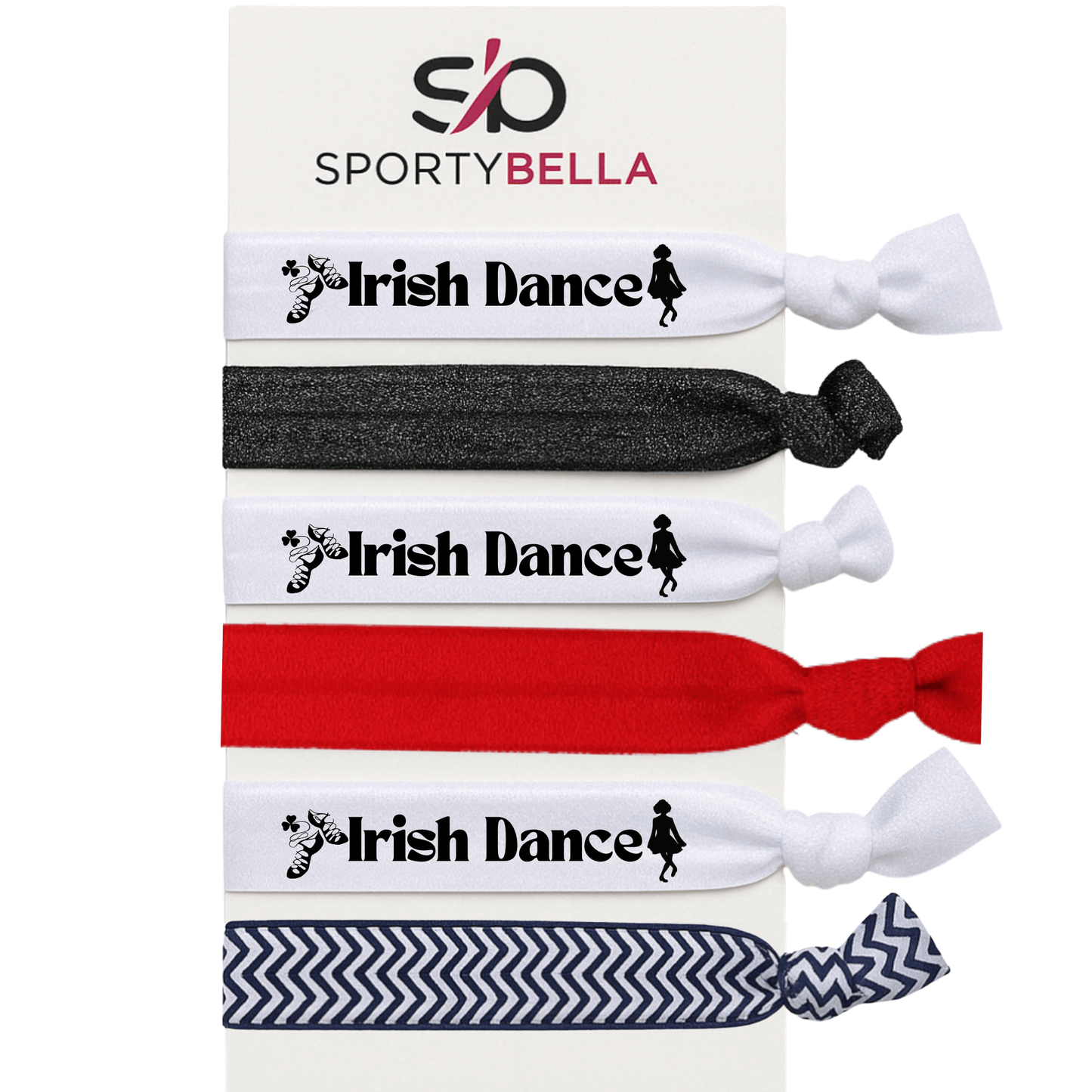 Irish Dance hair ties in various colors featuring dancer silhouettes, perfect for Irish dance gifts.