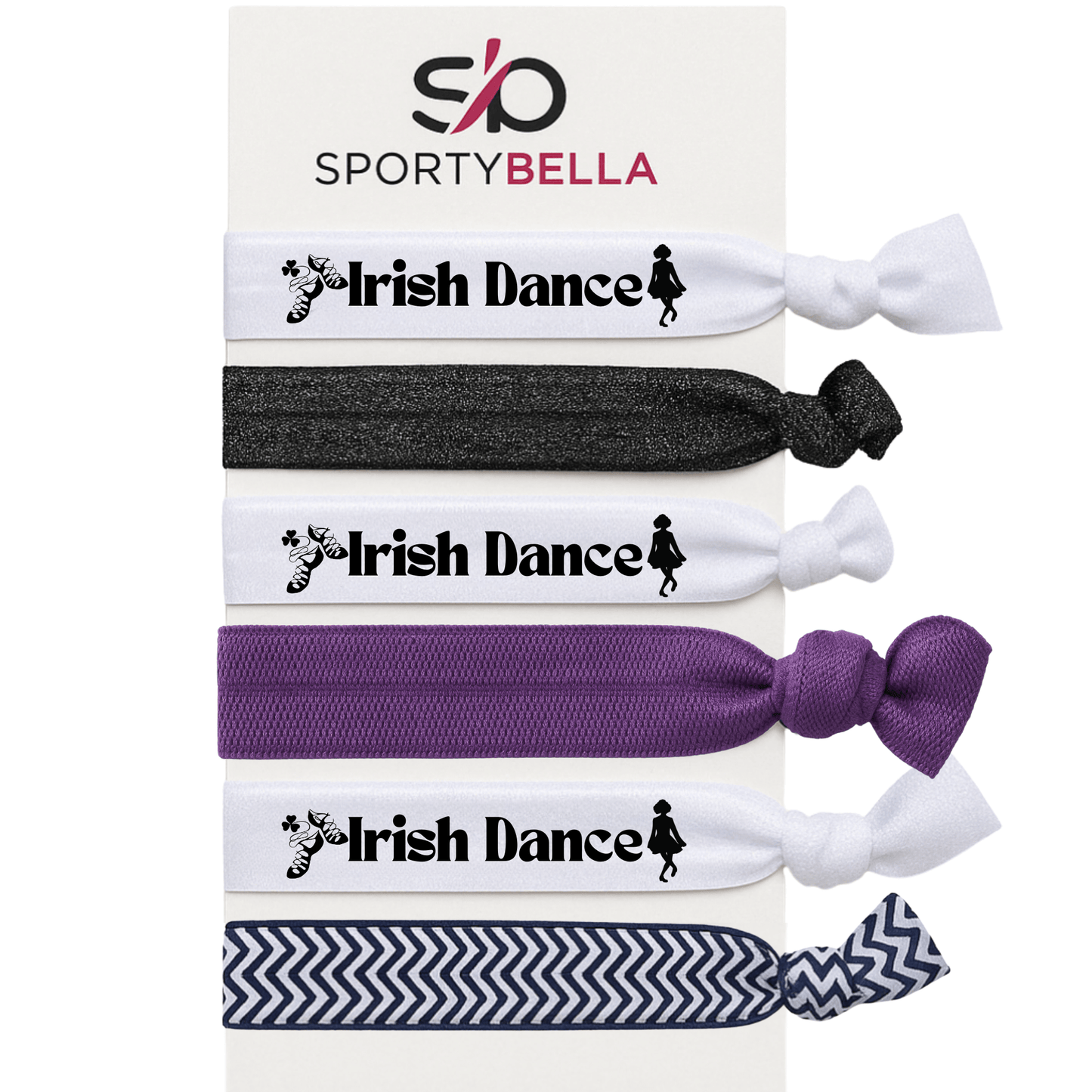 Irish Dance hair ties set featuring elastic designs with dancer silhouette, perfect for Irish dance gifts.