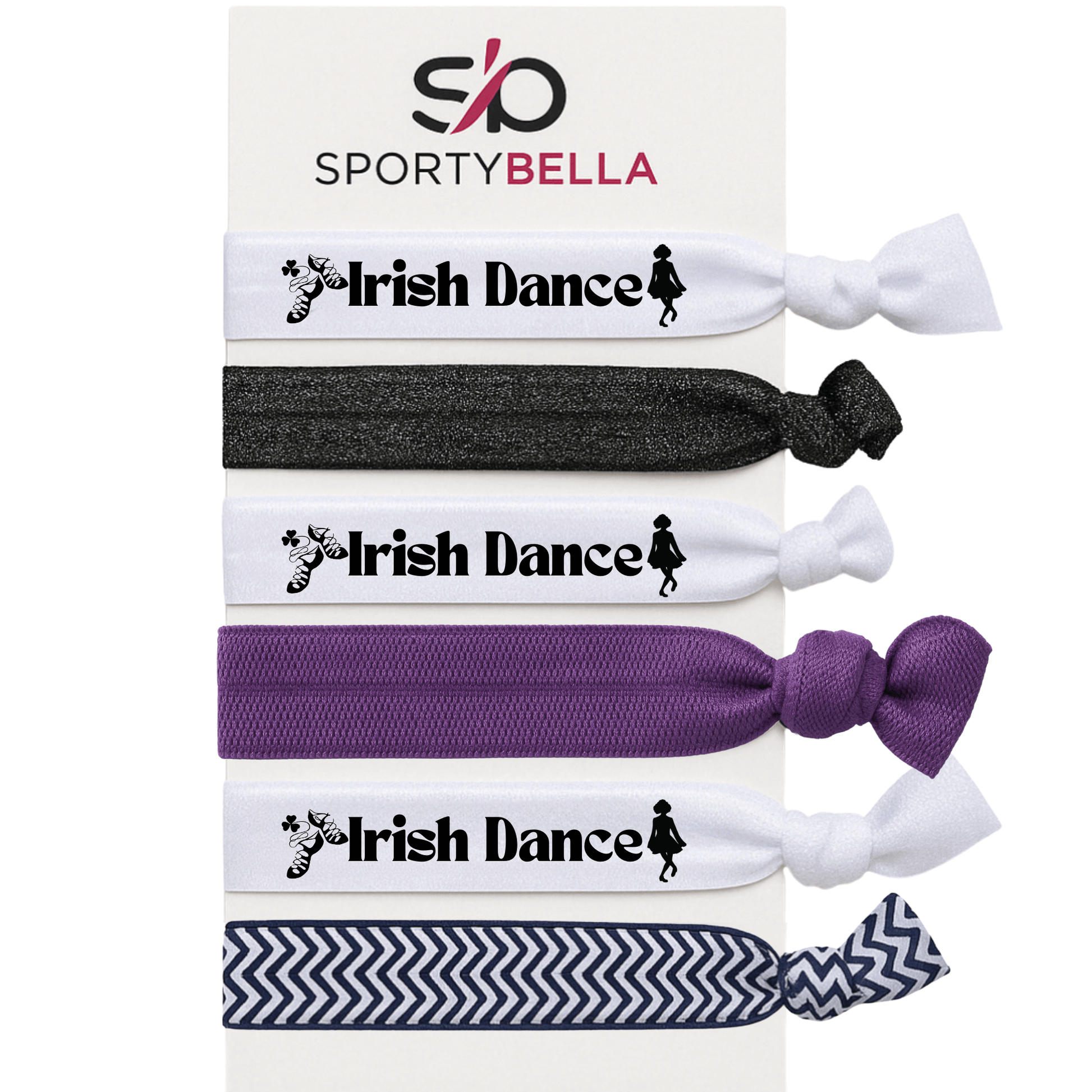 Irish Dance hair ties set featuring elastic designs with dancer silhouette, perfect for Irish dance gifts.