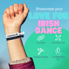 Irish dance hair ties showcased on wrist with colorful text highlighting durability and versatility for dancers