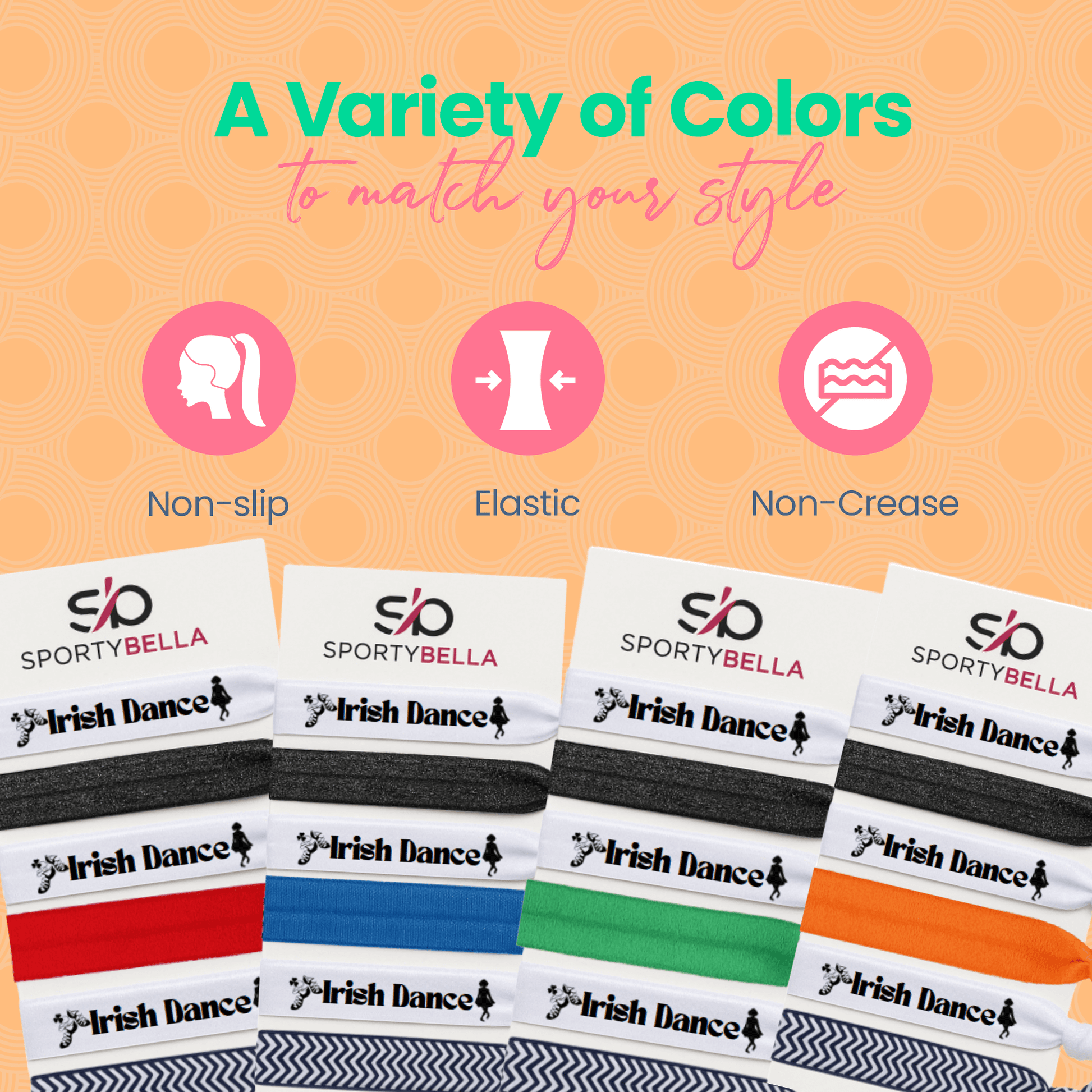 Variety of Irish dance hair ties in vibrant colors, showcasing non-slip, elastic, and non-crease features.