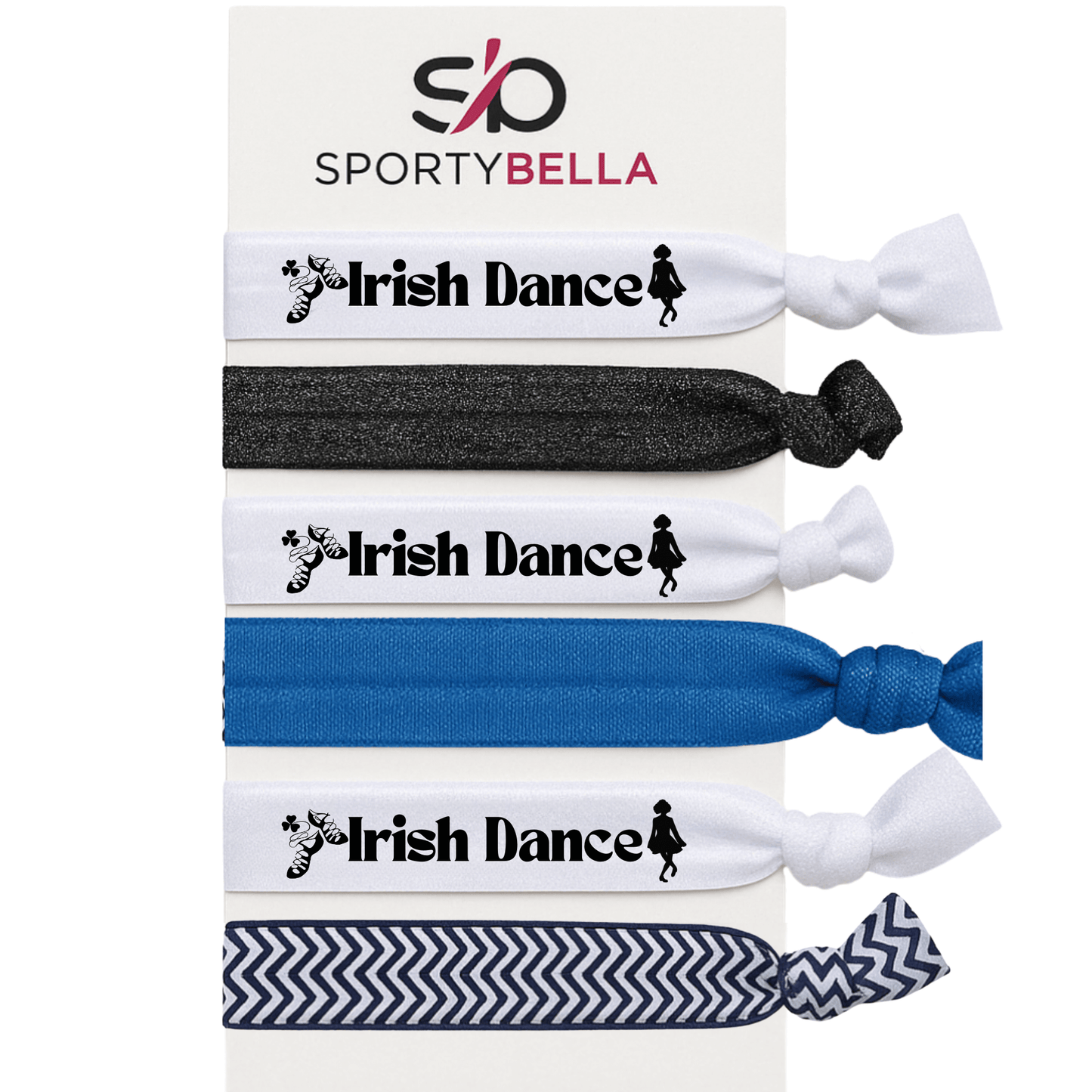 Set of 6 no crease Irish dance hair ties featuring dancers and step dance shoes, ideal Irish dance gifts.