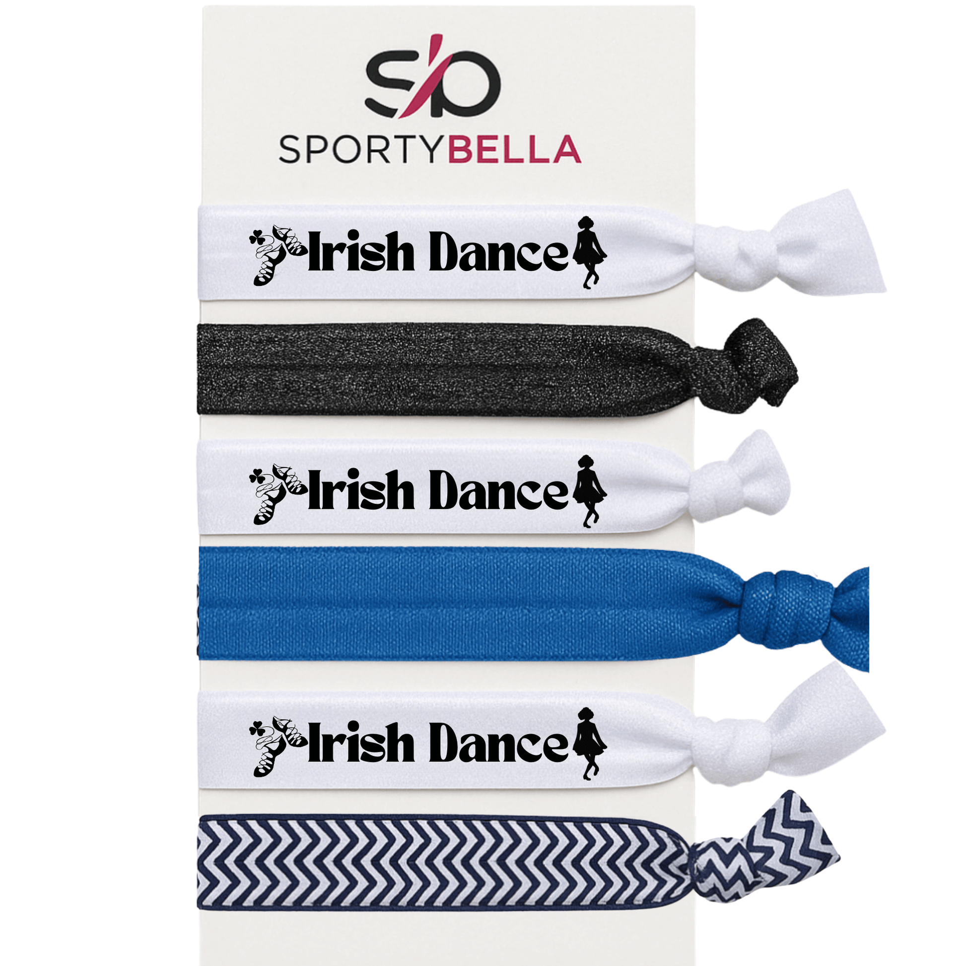 Set of 6 no crease Irish dance hair ties featuring dancers and step dance shoes, ideal Irish dance gifts.