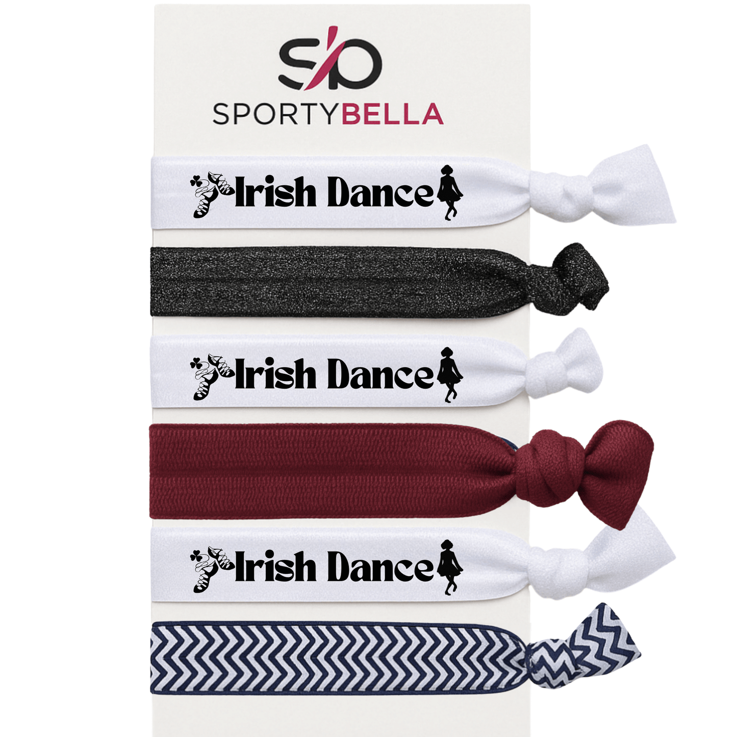 Irish Dance hair ties set featuring colorful no crease ponytail holders for dancers, perfect Irish dance gifts.