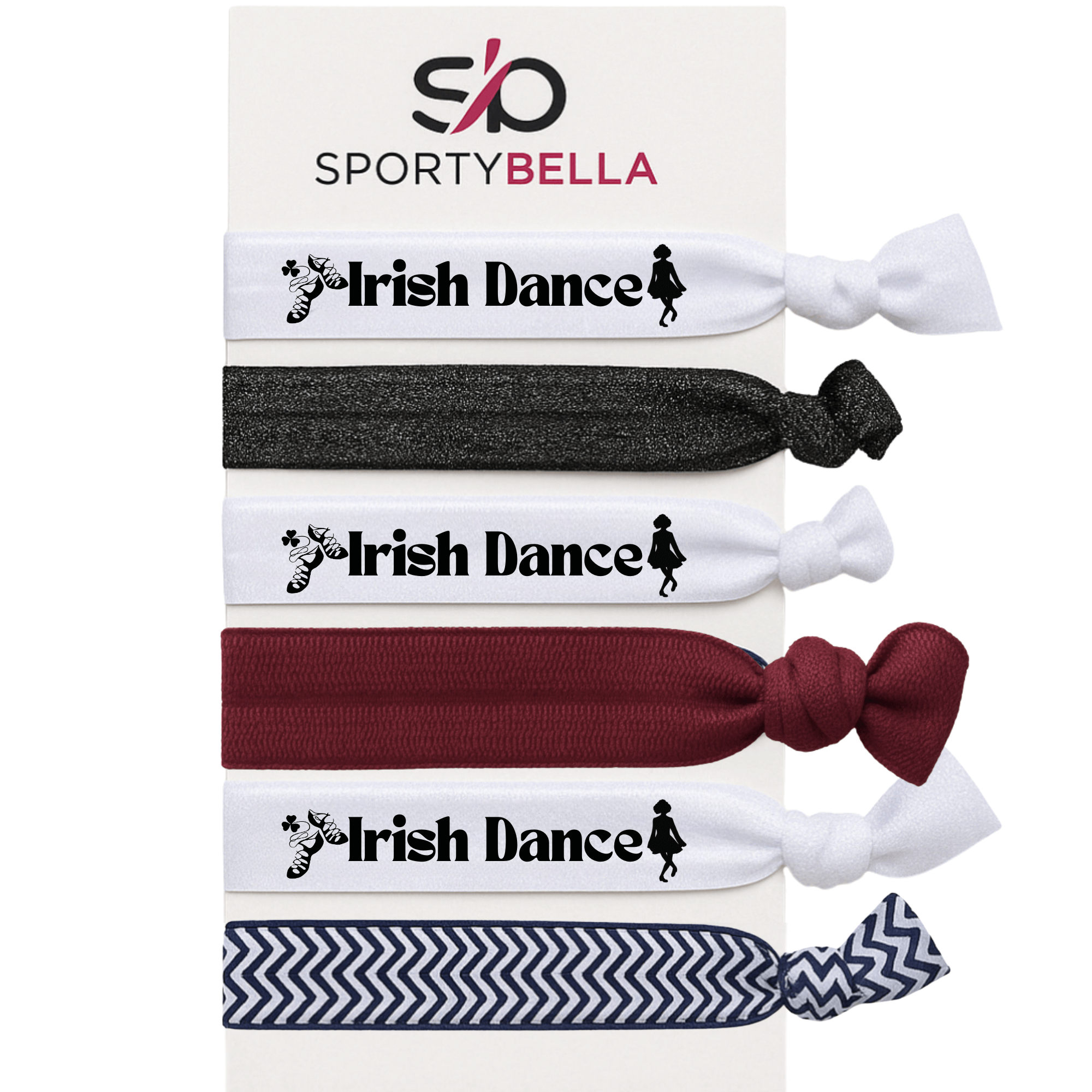 Irish Dance hair ties set featuring colorful no crease ponytail holders for dancers, perfect Irish dance gifts.