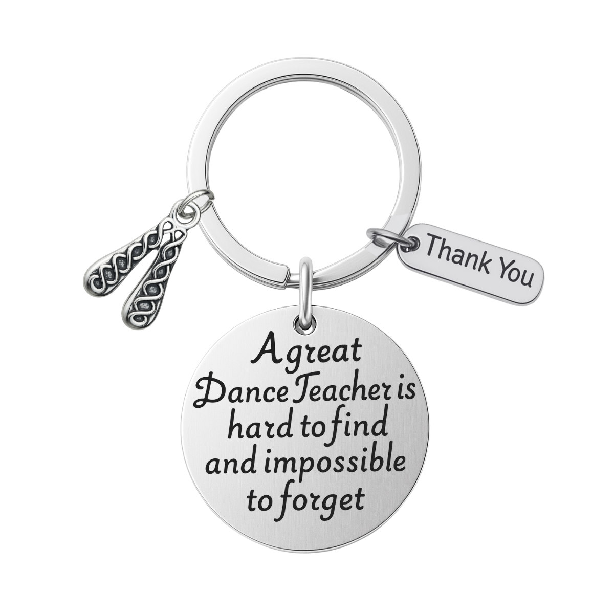 Close-up of Irish dance keychain with “A great Dance Teacher is hard to find” engraved message