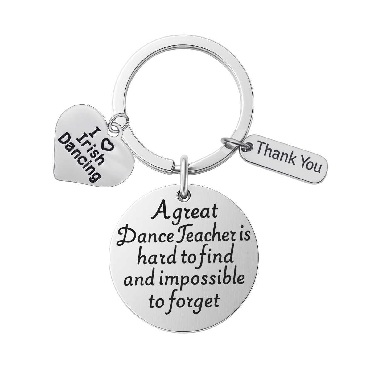 Close-up of Irish dance keychain with “A great Dance Teacher is hard to find” engraved message