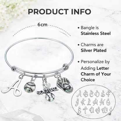Personalized Softball Bangle bracelet with Free letter charm