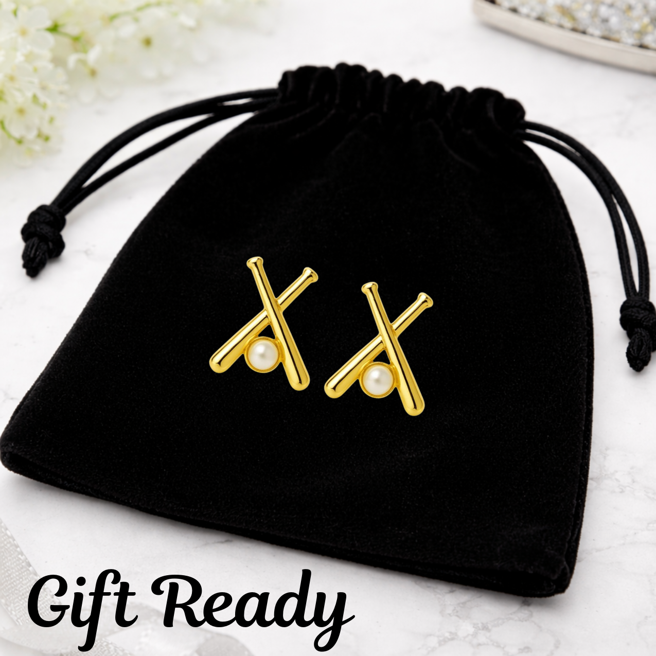 Gold Softball Bat Pearl Stud Earrings