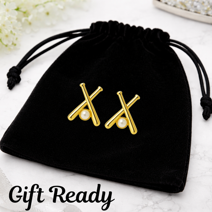Gold Softball Bat Pearl Stud Earrings