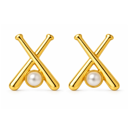 Gold Softball Bat Pearl Stud Earrings