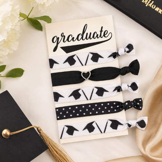 Graduation Hair Tie Set – Black and White Grad Hair Accessories Gift