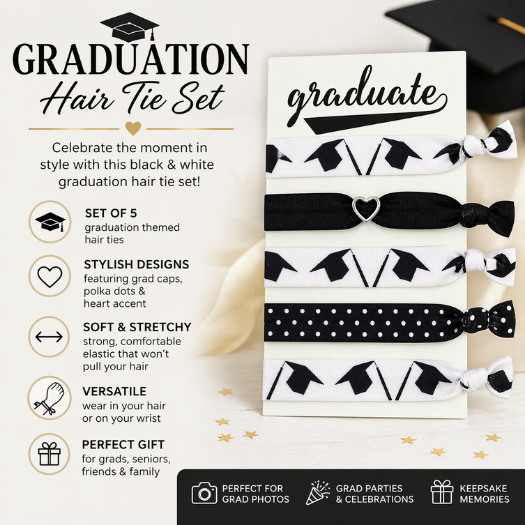 Graduation Hair Tie Set – Black and White Grad Hair Accessories Gift