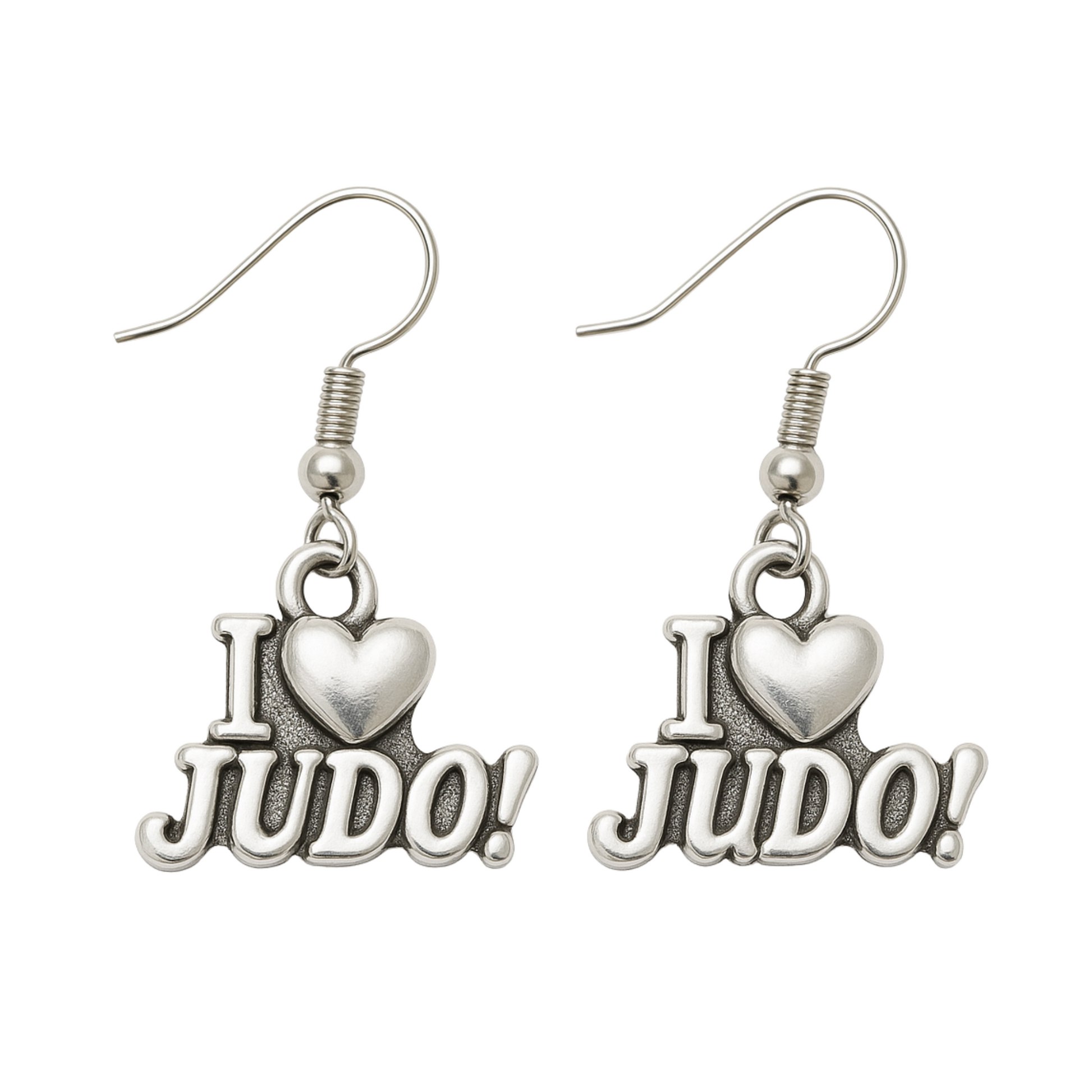 Silver-tone dangle earrings with “I ❤️ JUDO!” charms on stainless steel hooks