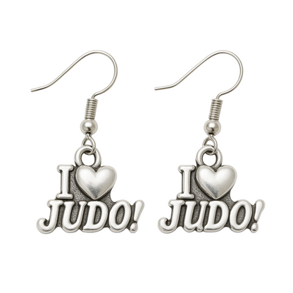 Silver-tone dangle earrings with “I ❤️ JUDO!” charms on stainless steel hooks