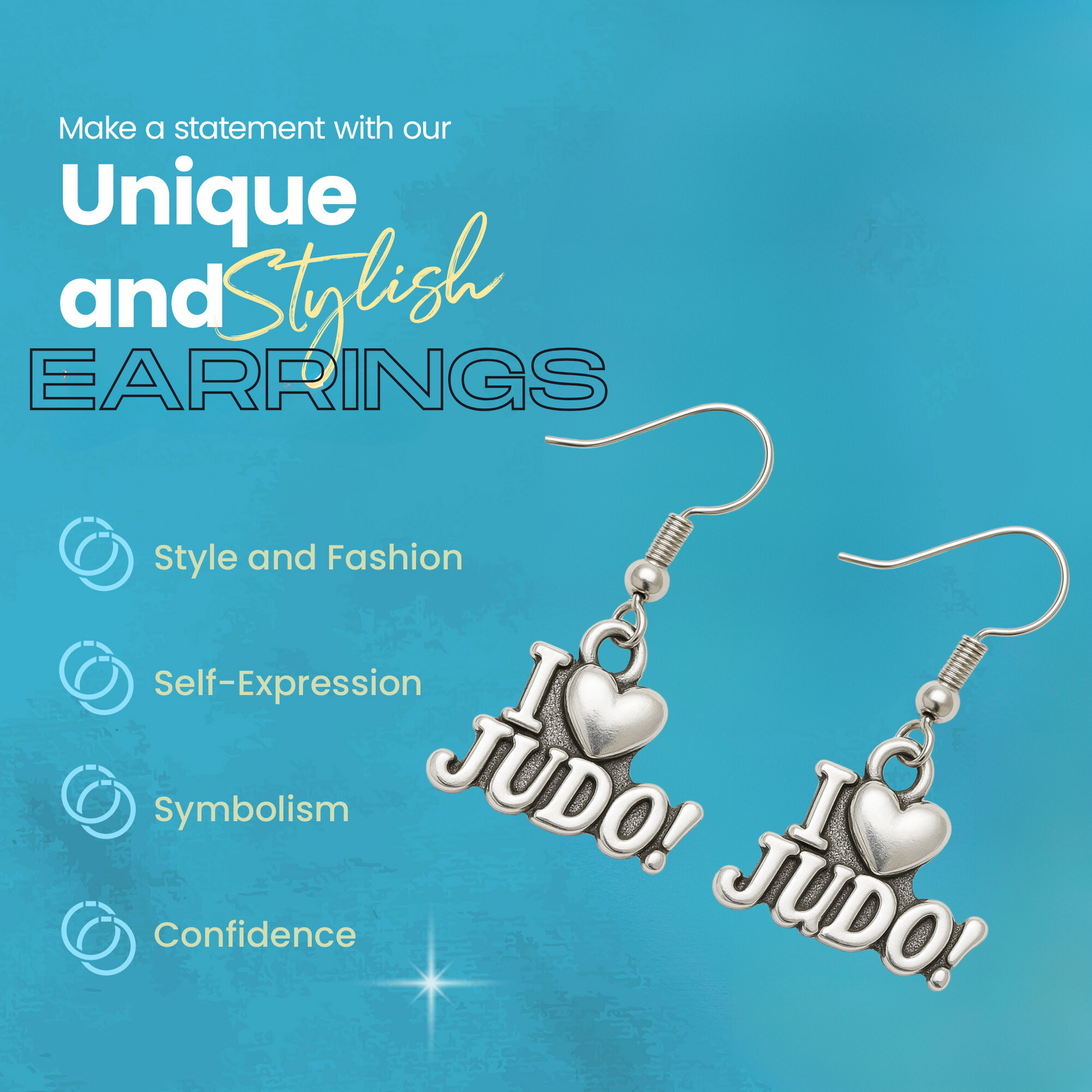 Product feature image of judo earrings on blue background highlighting unique and stylish design
