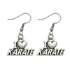 Silver dangle earrings with “I ❤️ KARATE” charms on stainless steel hooks for martial arts lovers