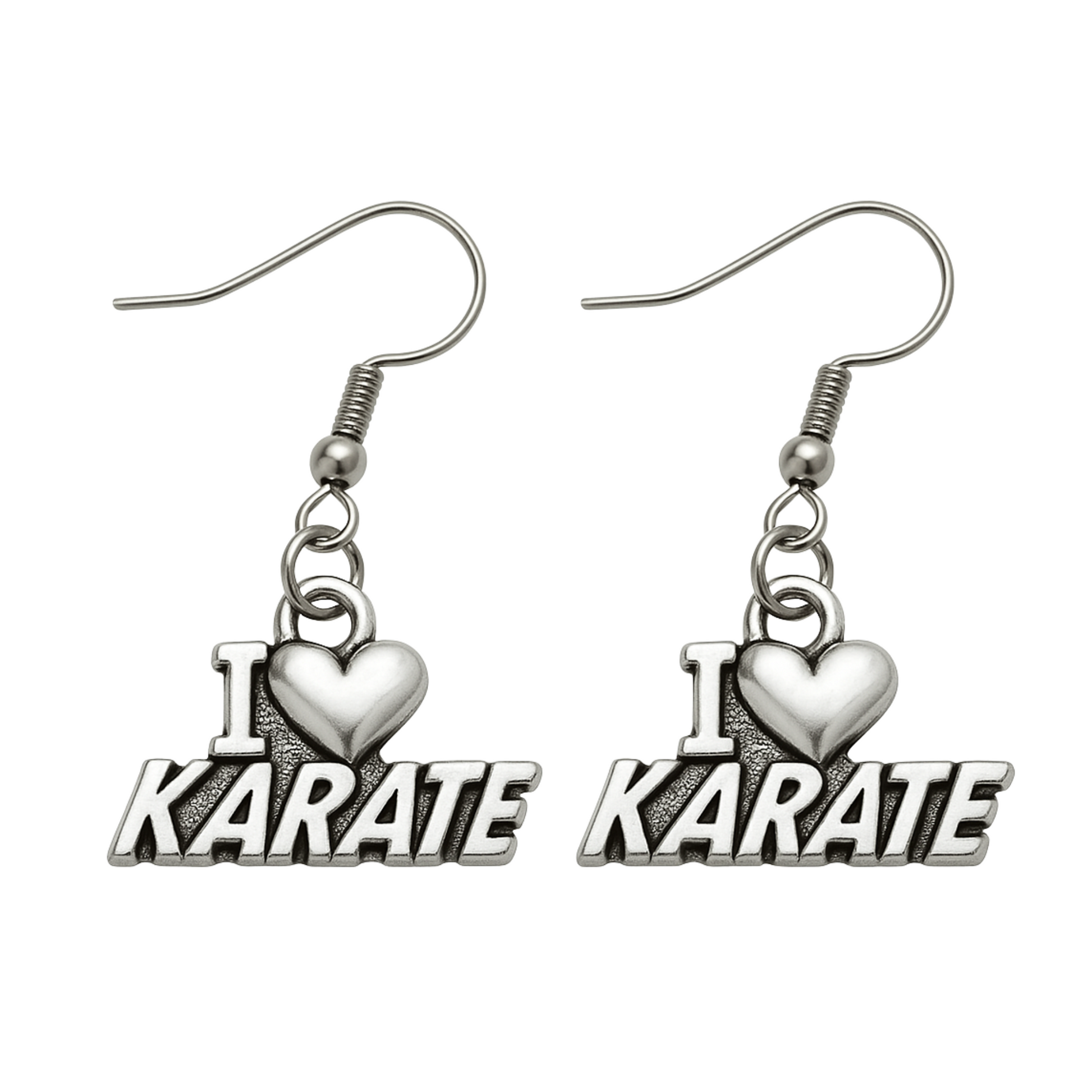Silver dangle earrings with “I ❤️ KARATE” charms on stainless steel hooks for martial arts lovers