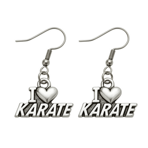 Silver dangle earrings with “I ❤️ KARATE” charms on stainless steel hooks for martial arts lovers